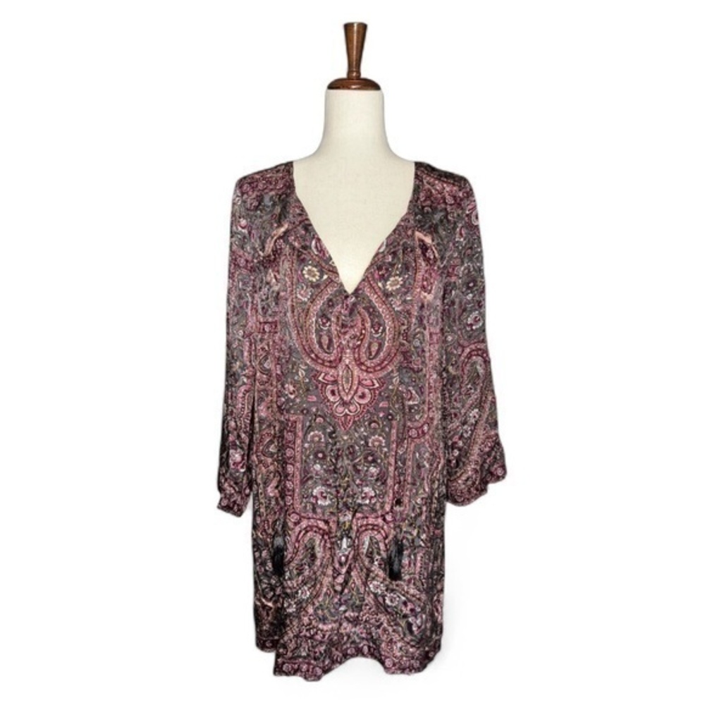 Calypso St. Barth Padouri 100% Silk Tunic Dress Pink Grey Paisley Boho Size M